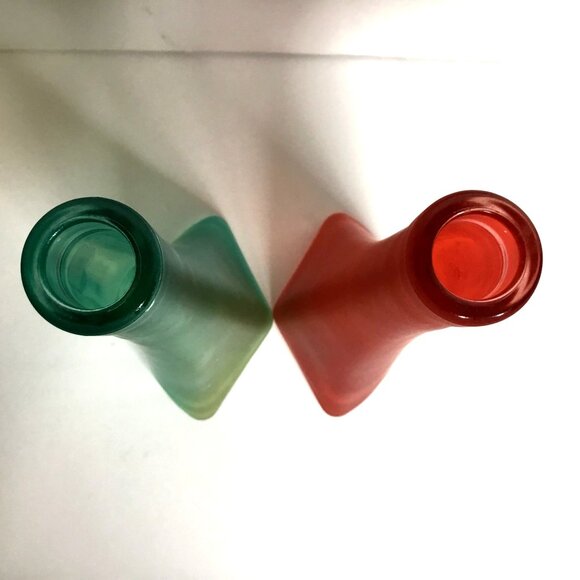 Pair VTG Asymmetrical Conical Frosted Glass Vases Red Teal Numbered Stamped 14" - Picture 7 of 10